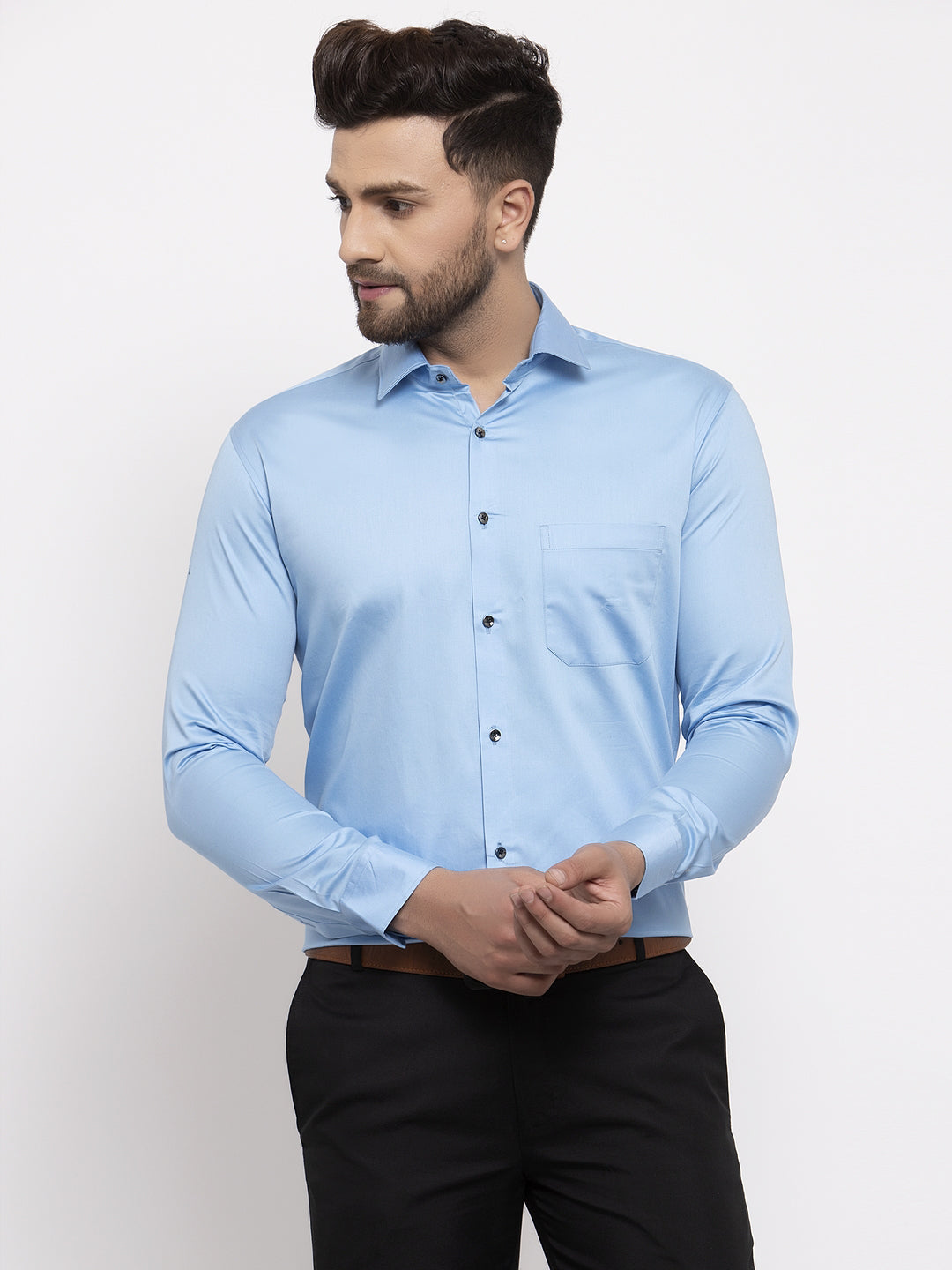 Jainish Blue Men's Cotton Solid Formal Shirt's ( SF 768Light-Blue ) | Grocsy