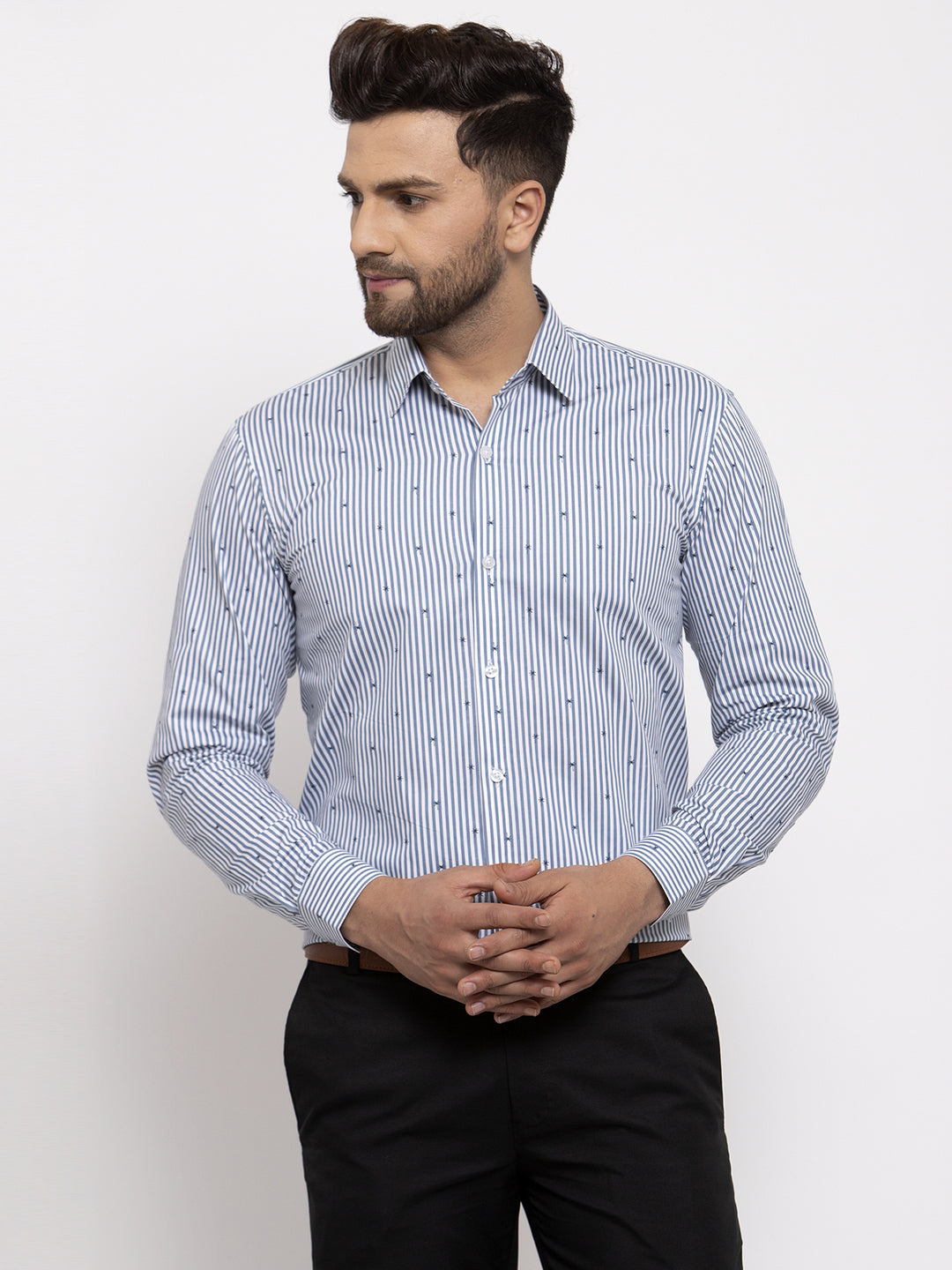 Jainish Grey Men's Cotton Striped Formal Shirt's ( SF 769Light-Grey ) | Grocsy