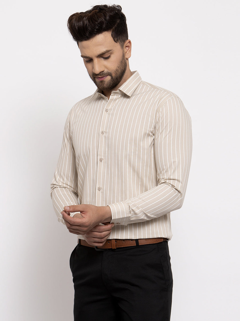 Jainish Cream Men's Cotton Striped Formal Shirt's ( SF 770Cream ) | Grocsy
