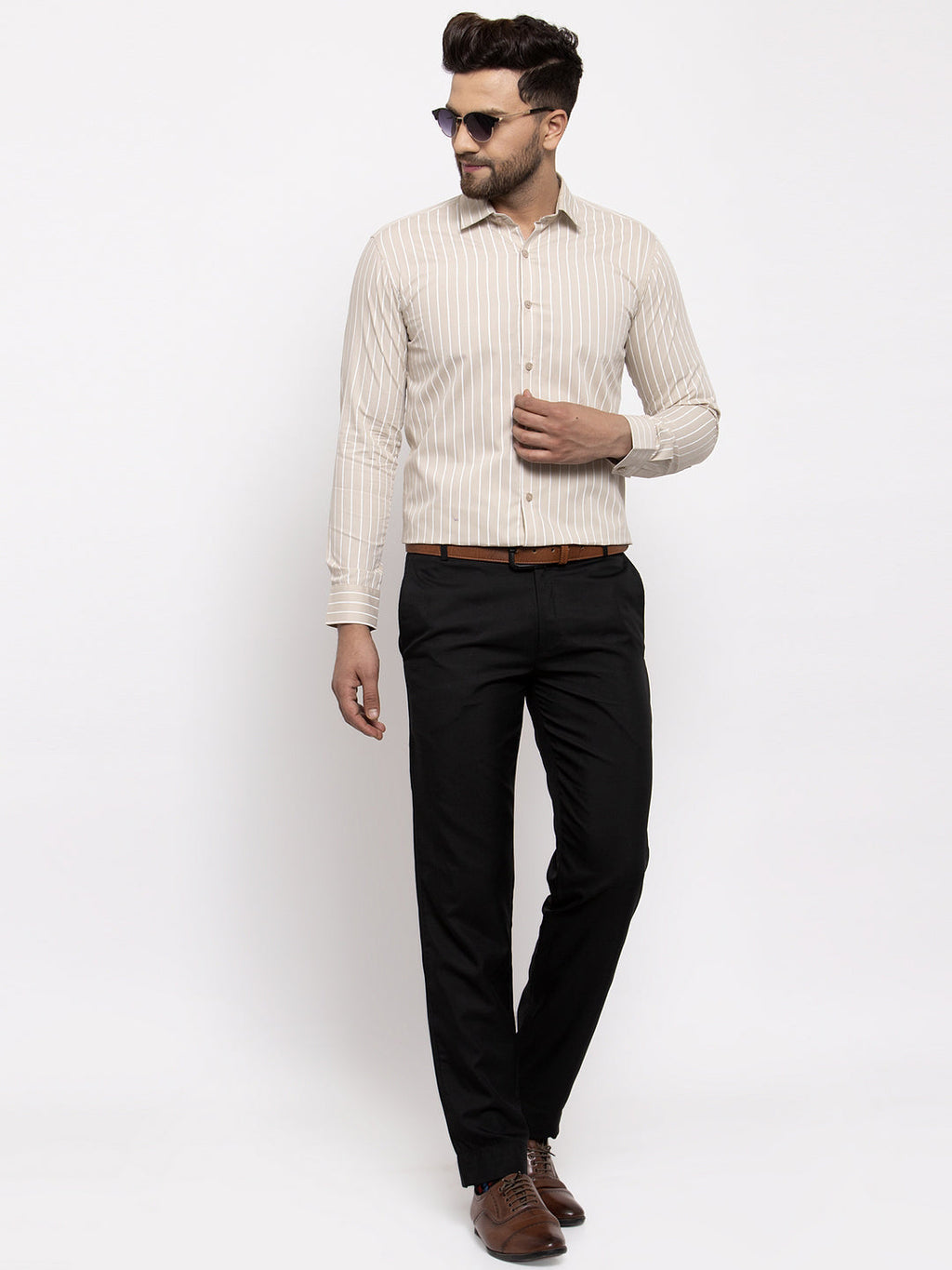 Jainish Cream Men's Cotton Striped Formal Shirt's ( SF 770Cream ) | Grocsy