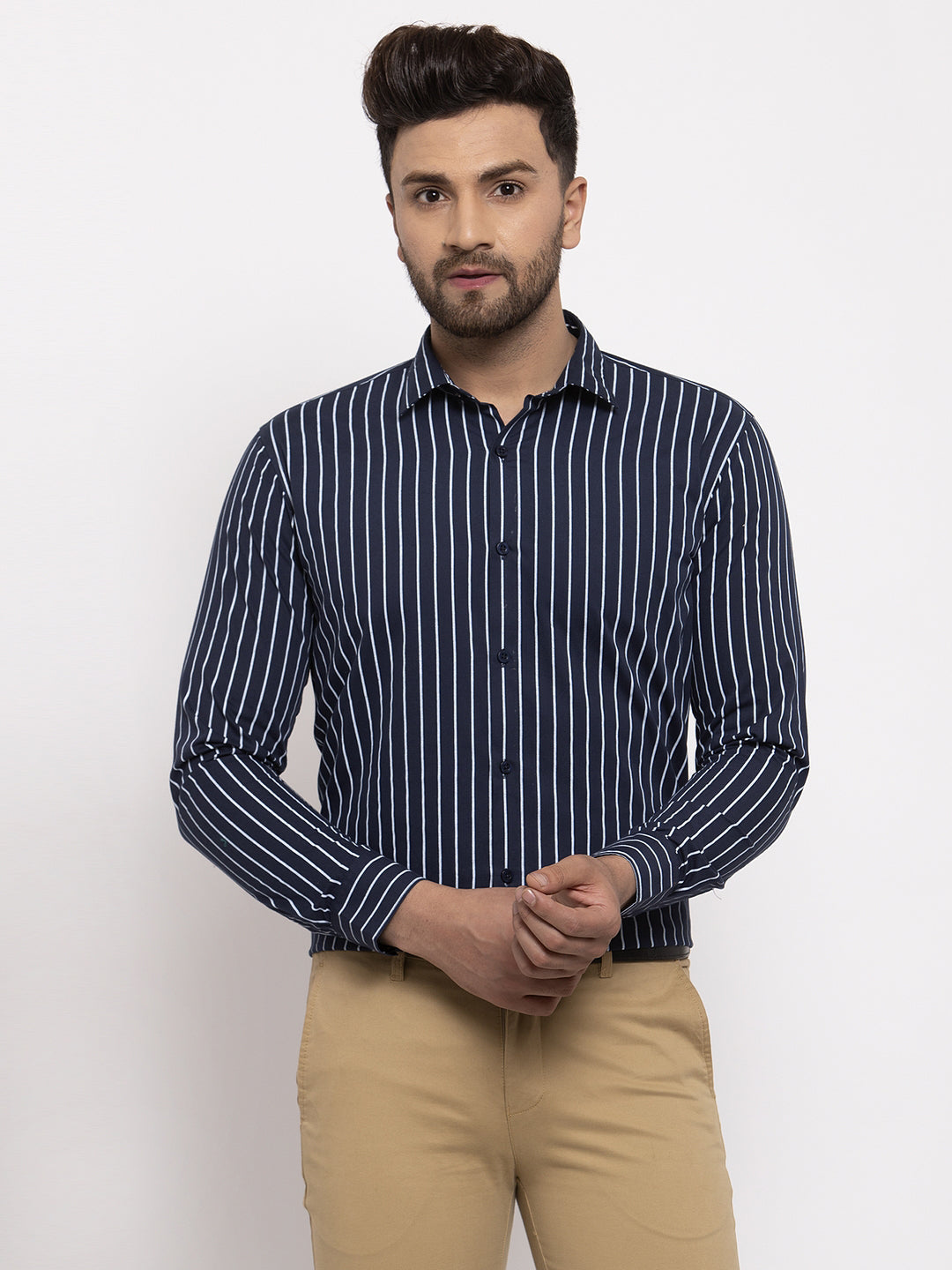 Jainish Navy Men's Cotton Striped Formal Shirt's ( SF 770Navy ) | Grocsy