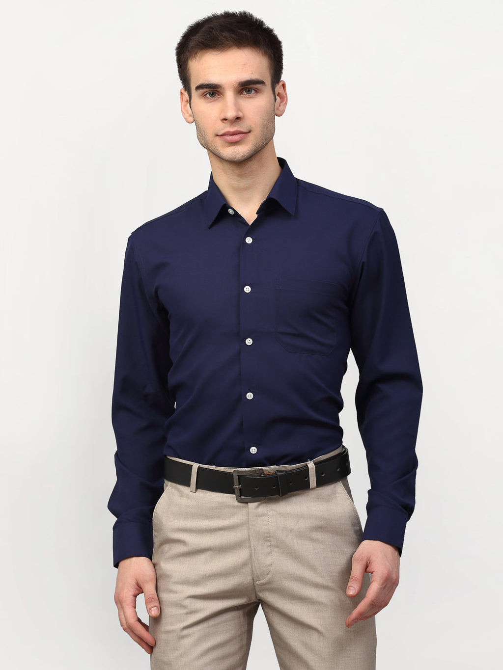 Jainish Navy Blue Men's Solid Formal Shirts ( SF 777Navy ) | Grocsy