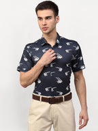 Jainish Navy Blue Men's Printed Lycra Half Sleevess Formal Shirts ( SF 778Navy ) | Grocsy