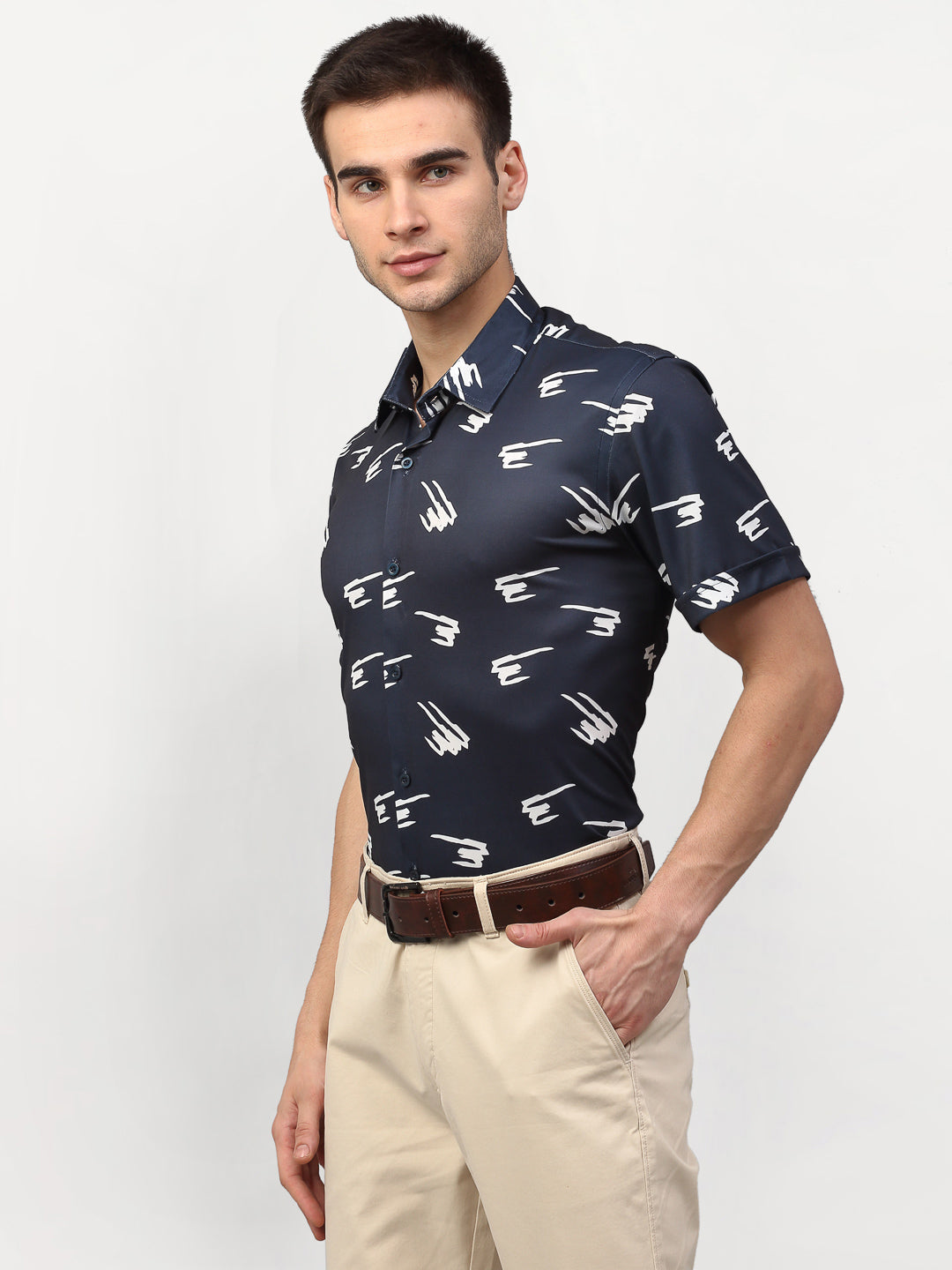 Jainish Navy Blue Men's Printed Lycra Half Sleevess Formal Shirts ( SF 778Navy ) | Grocsy