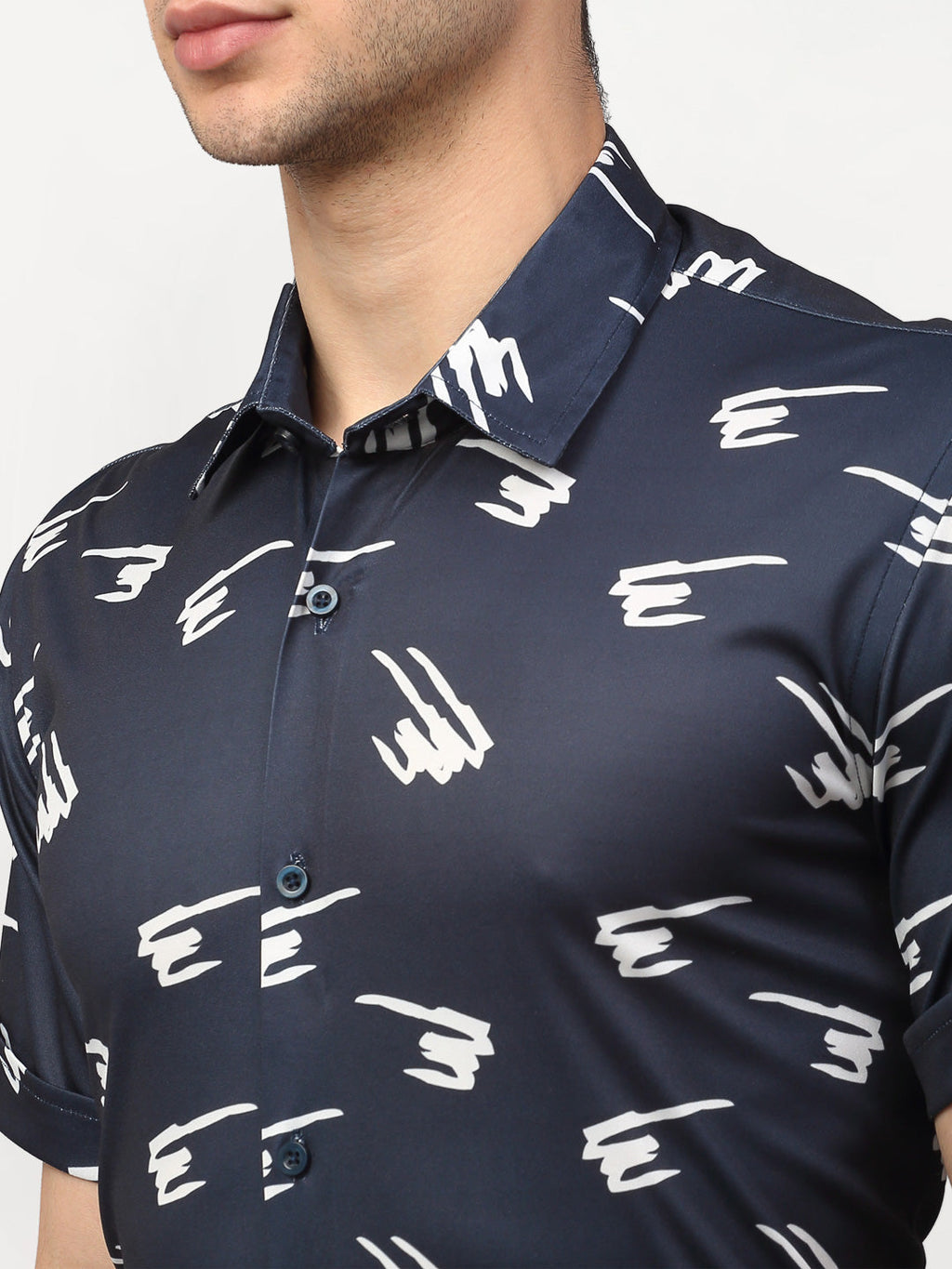 Jainish Navy Blue Men's Printed Lycra Half Sleevess Formal Shirts ( SF 778Navy ) | Grocsy