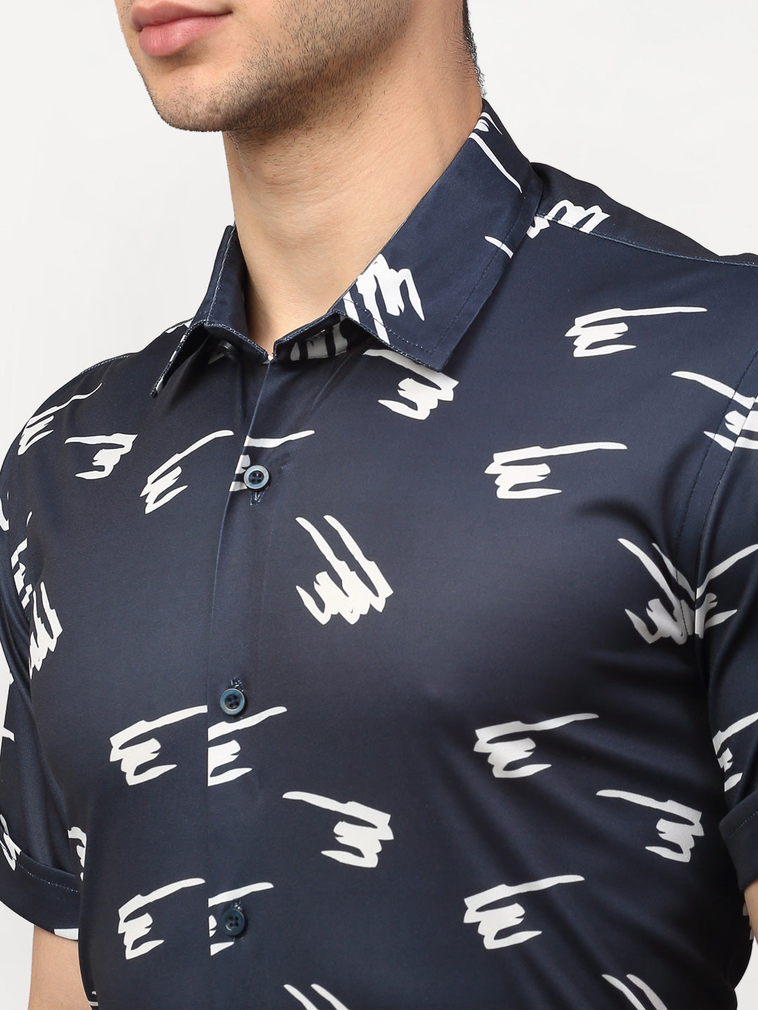 Jainish Navy Blue Men's Printed Lycra Half Sleevess Formal Shirts ( SF 778Navy ) | Grocsy