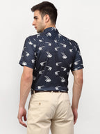 Jainish Navy Blue Men's Printed Lycra Half Sleevess Formal Shirts ( SF 778Navy ) | Grocsy