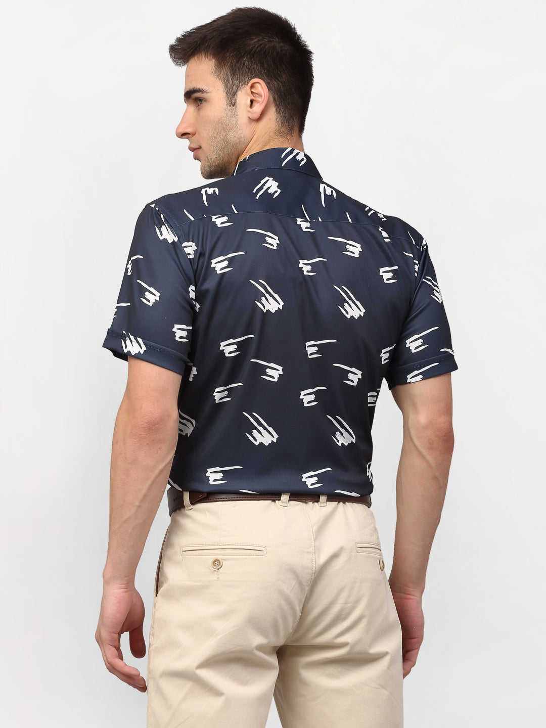 Jainish Navy Blue Men's Printed Lycra Half Sleevess Formal Shirts ( SF 778Navy ) | Grocsy