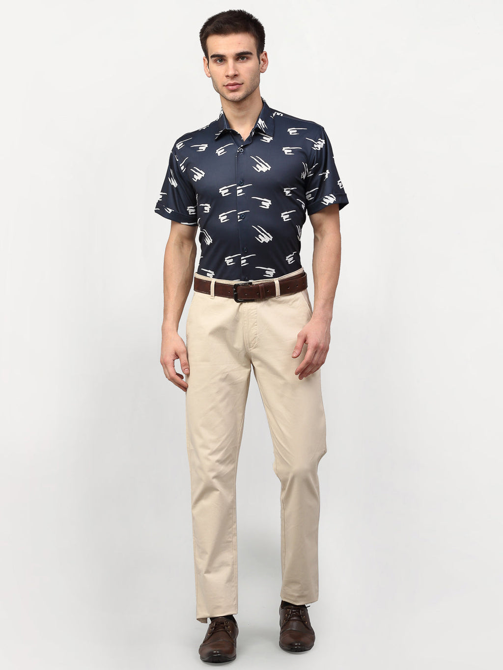 Jainish Navy Blue Men's Printed Lycra Half Sleevess Formal Shirts ( SF 778Navy ) | Grocsy
