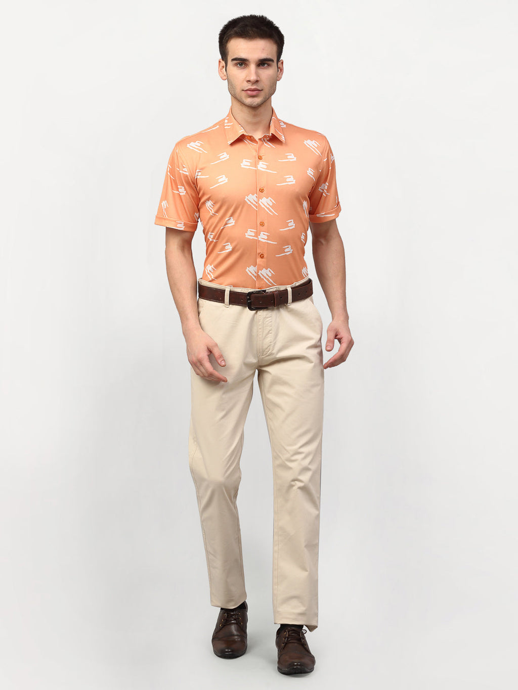 Jainish Peach Men's Printed Lycra Half Sleevess Formal Shirts ( SF 778Peach ) | Grocsy