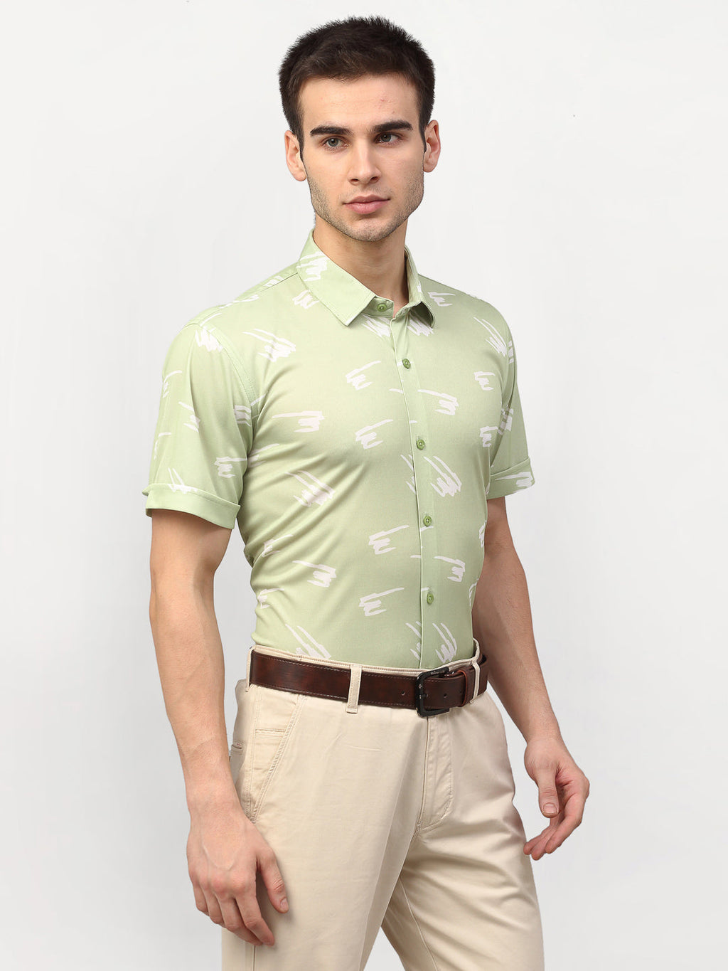 Jainish Green Men's Printed Lycra Half Sleevess Formal Shirts ( SF 778Pista ) | Grocsy