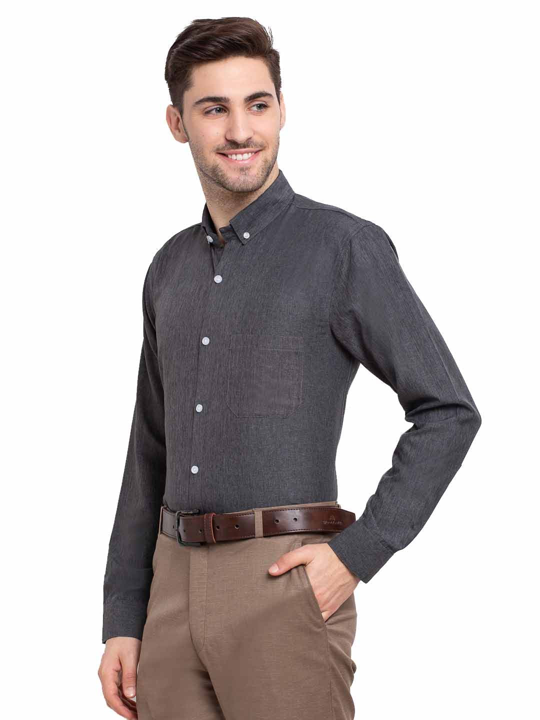 Jainish Grey Melange Men's Button Down Collar Cotton Formal Shirt ( SF 785Charcoal ) | Grocsy