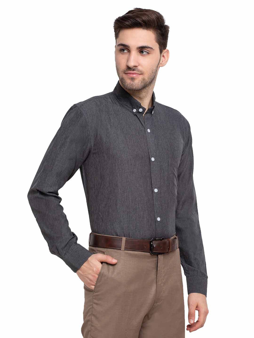 Jainish Grey Melange Men's Button Down Collar Cotton Formal Shirt ( SF 785Charcoal ) | Grocsy