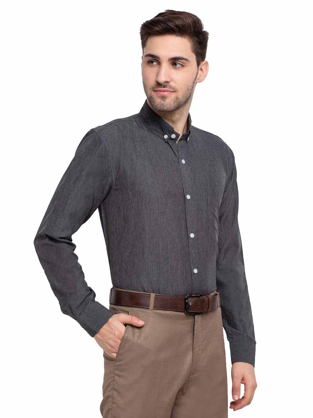 Jainish Grey Melange Men's Button Down Collar Cotton Formal Shirt ( SF 785Charcoal ) | Grocsy
