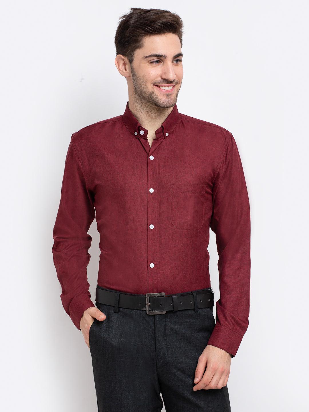 Jainish Maroon Men's Button Down Collar Cotton Formal Shirt ( SF 785Maroon ) | Grocsy