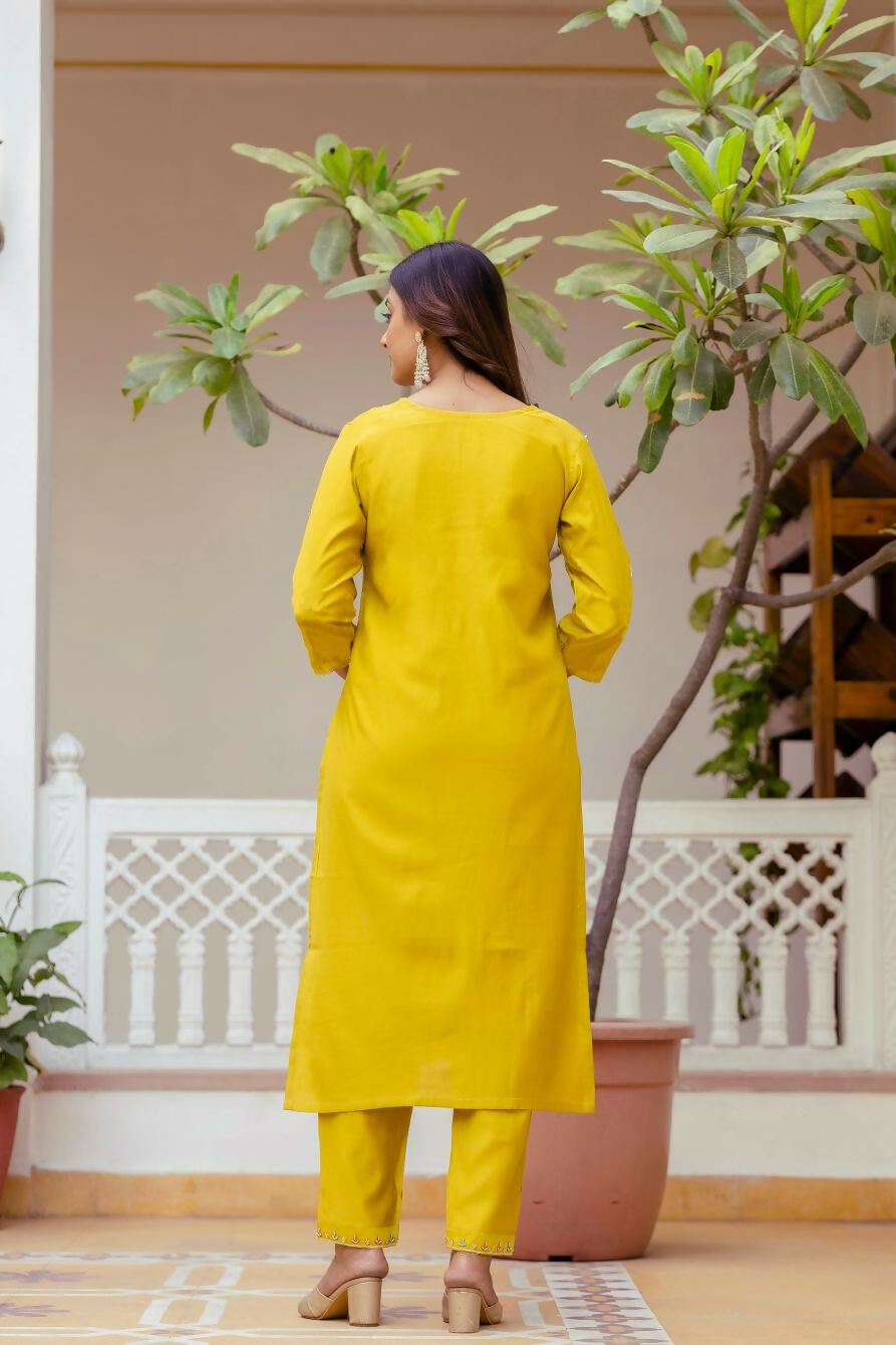 The52 Yellow Women's Gorgeous Embroidered work Viscose Gadhwal Fabric Straight Kurta, Pant and Dupatta Set | Grocsy