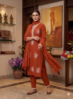 Teeya Creation Vibrant Orange Embroidered Kurti with Pant and Dupatta Set | Grocsy