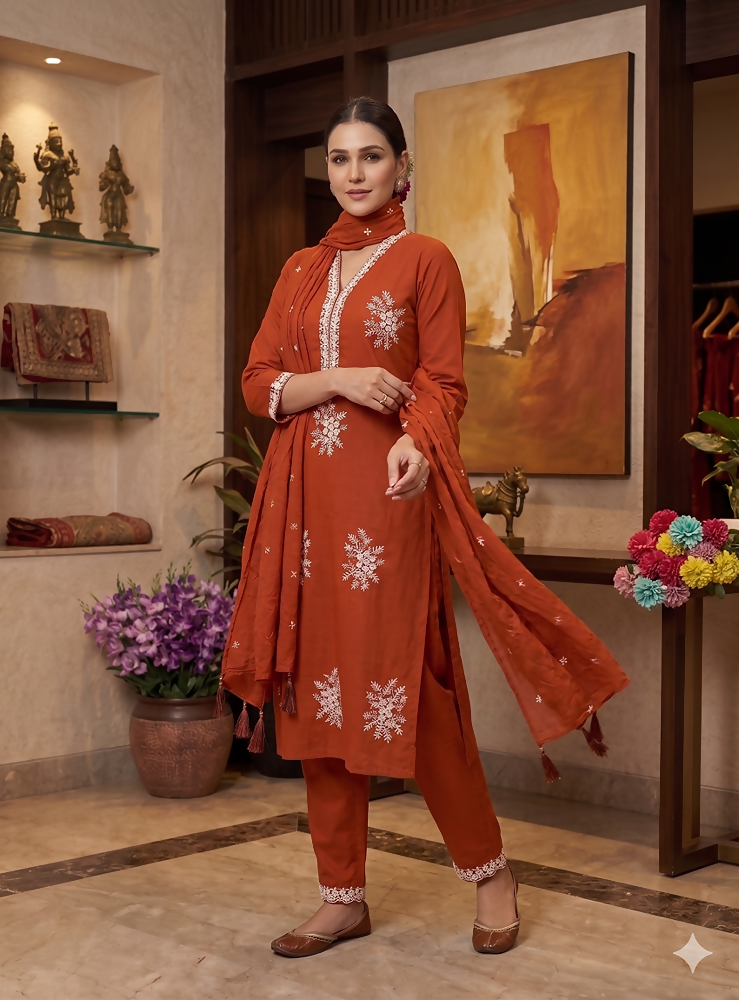 Teeya Creation Vibrant Orange Embroidered Kurti with Pant and Dupatta Set | Grocsy