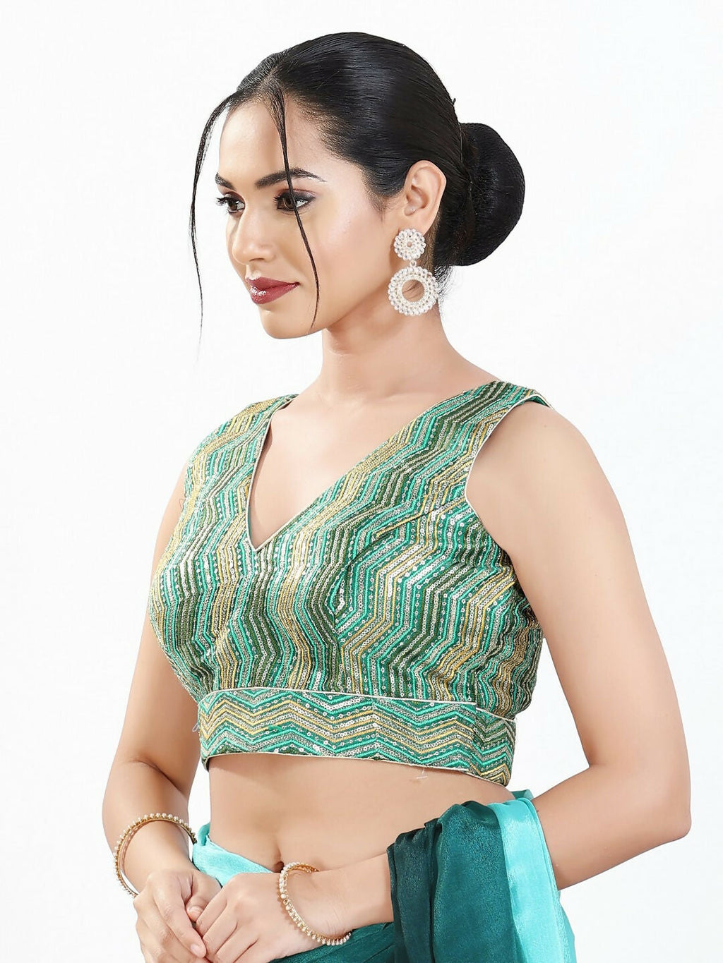 Joban Fashion Green Multi Silk Padded Blouse With V Neck Sleeveless | Grocsy