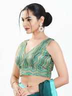 Joban Fashion Green Multi Silk Padded Blouse With V Neck Sleeveless | Grocsy