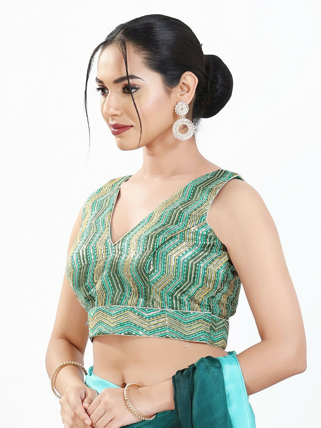 Joban Fashion Green Multi Silk Padded Blouse With V Neck Sleeveless | Grocsy