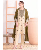 KC Khadi Cotton White Suit With Mahendi Dupatta 3 Piece Pair For Women | Grocsy