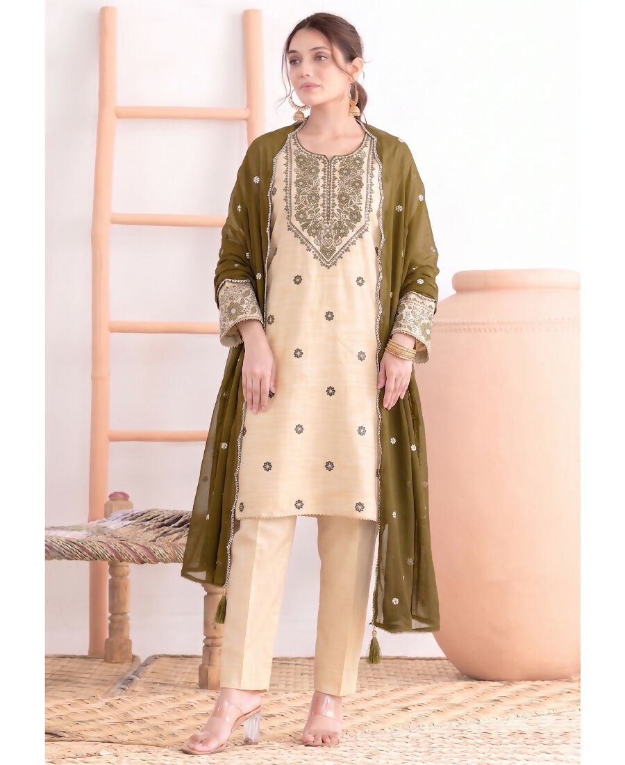 KC Khadi Cotton White Suit With Mahendi Dupatta 3 Piece Pair For Women | Grocsy