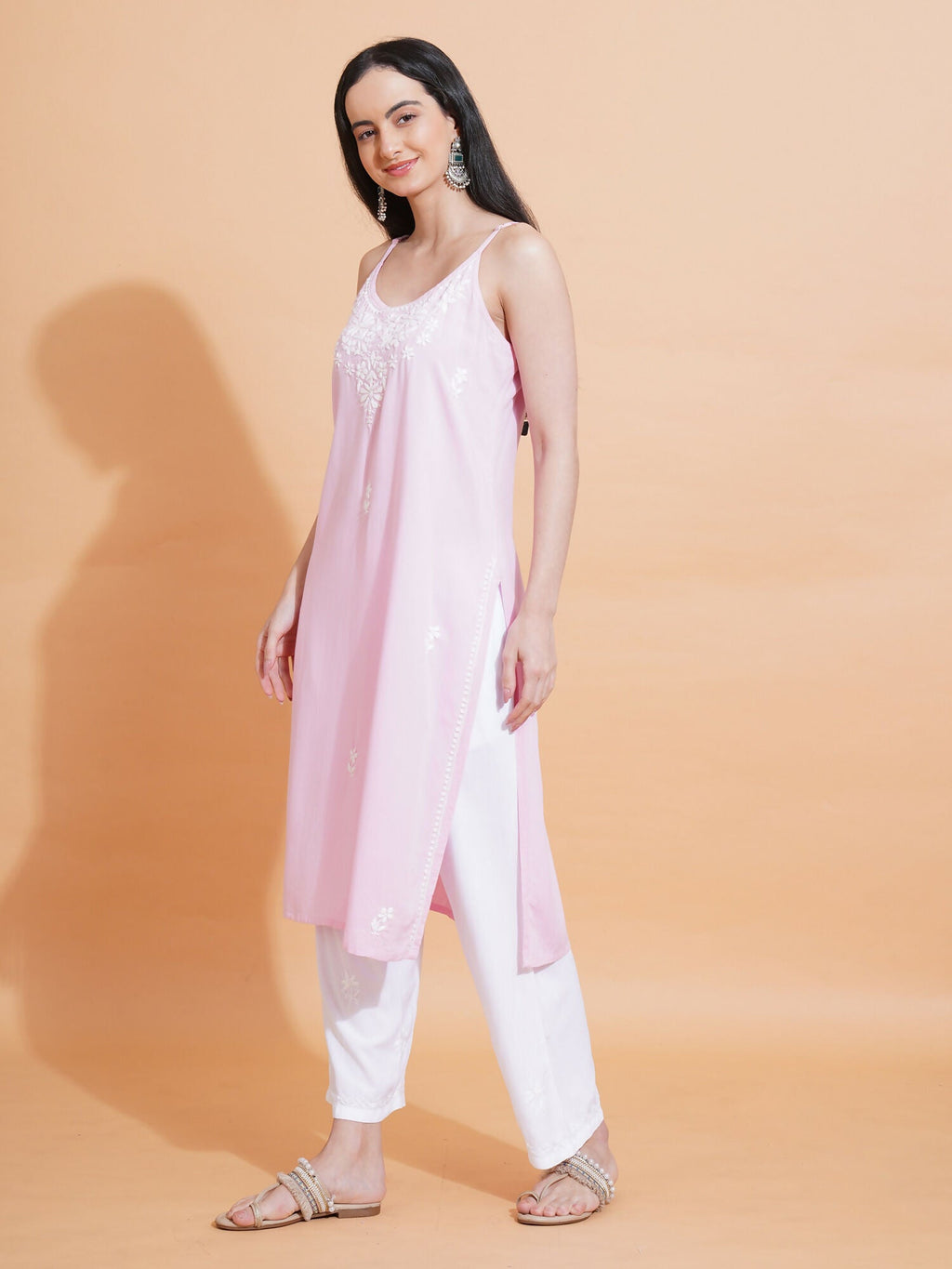 Pahnaz Luxury Rayon Chikankari Sleeveless Long Kurti-Pink | Grocsy