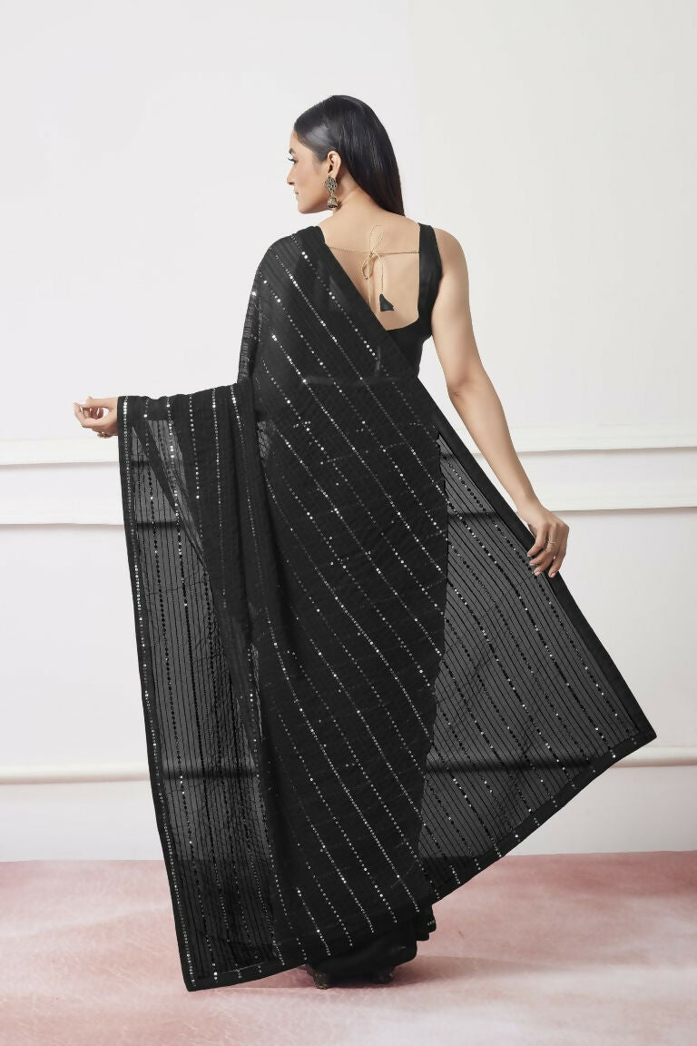 Black Georgette Sequance,Thread Embroidery Work Saree with Unstitched Blouse - Vandini | Grocsy