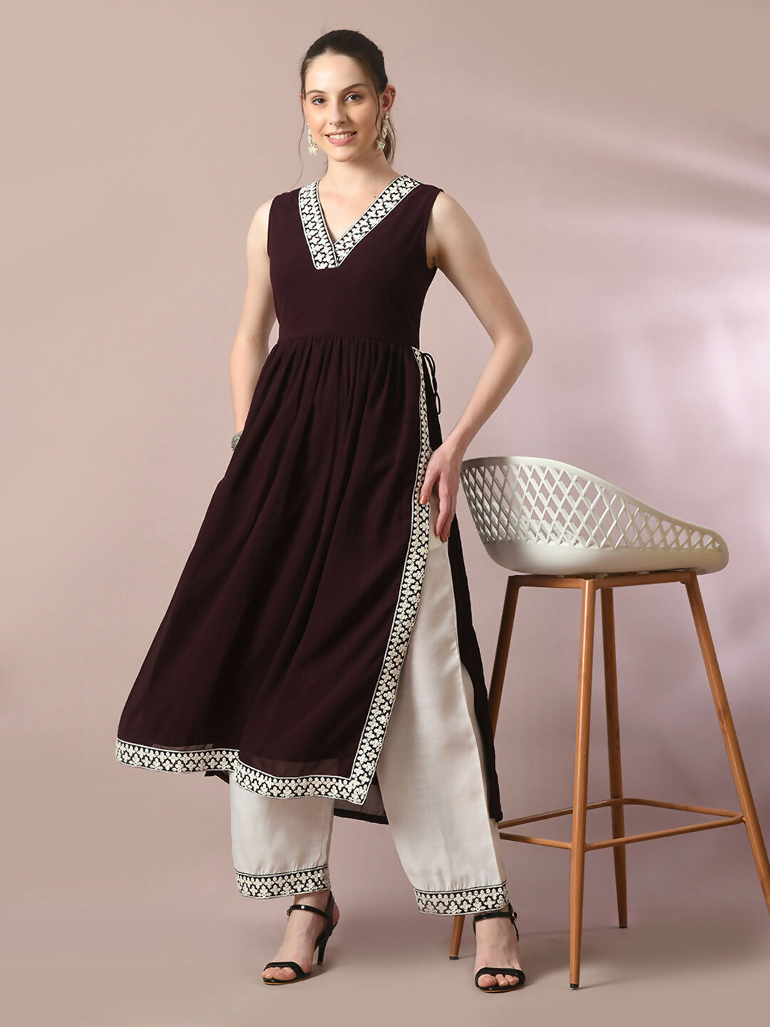 Myshka Women's Coffee Brown Solid Georgette Anarkali Party Kurta Set | Grocsy
