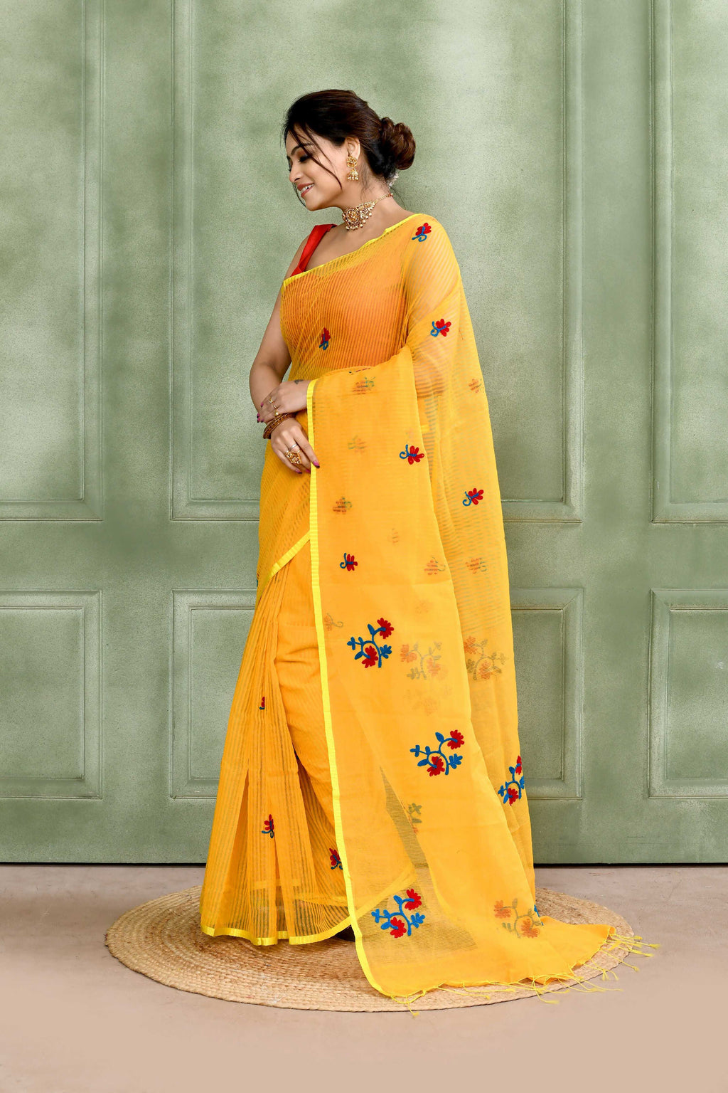 Piyari Fashion Women's Yellow Embellished Cotton Blend Embroidery Saree | Grocsy