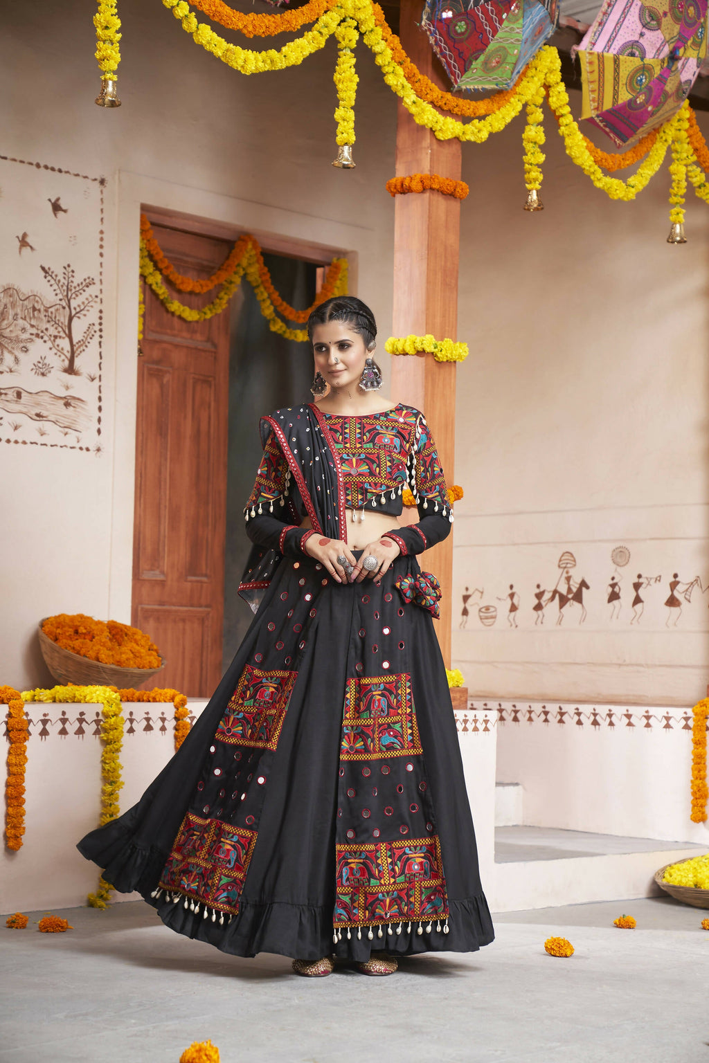 Black Viscose Rayon Thread Embroidery with mirror work Navratri Lehenga Choli with Dupatta - Raas | Grocsy