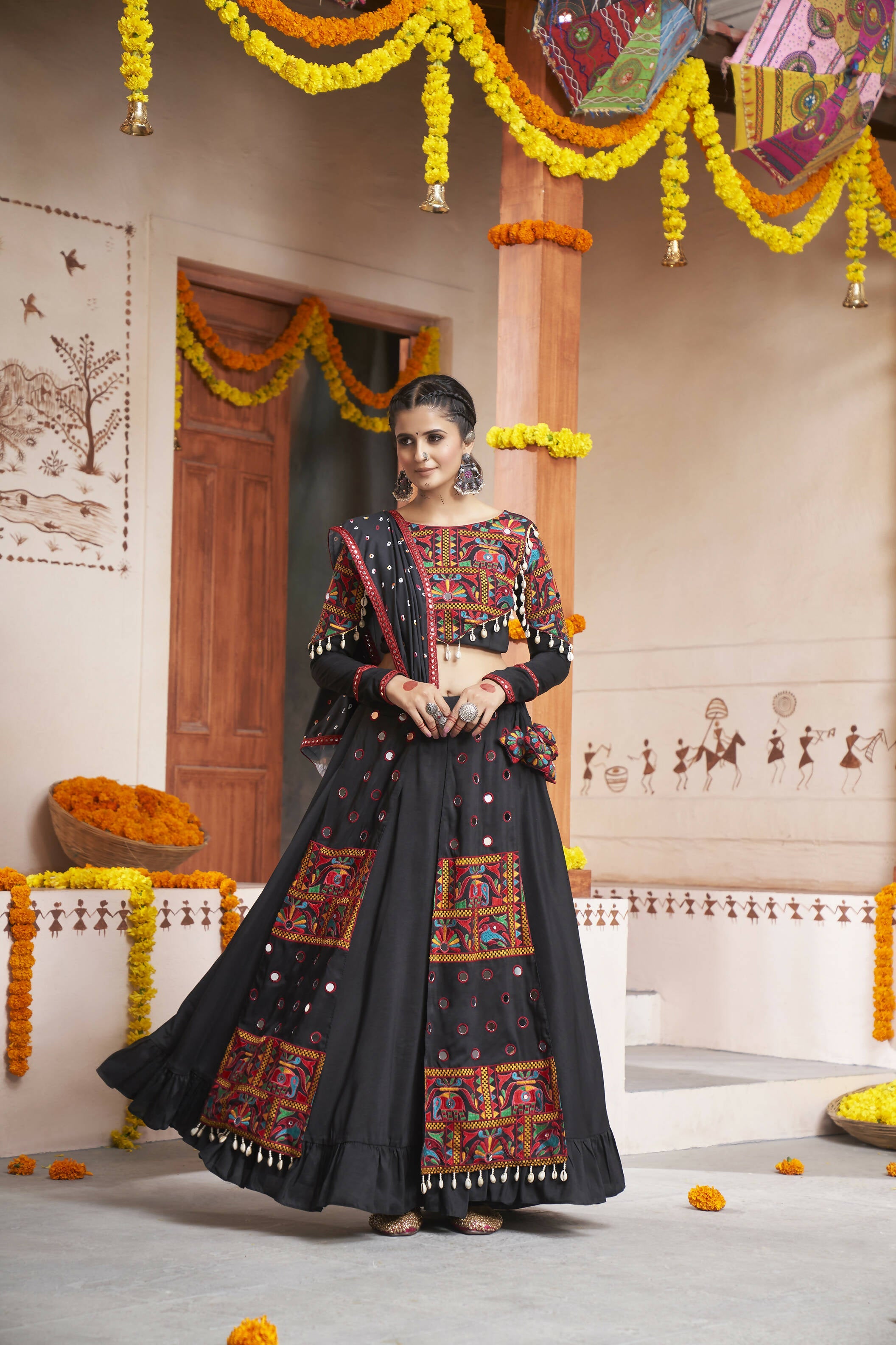 Black Viscose Rayon Thread Embroidery with mirror work Navratri Lehenga Choli with Dupatta - Raas | Grocsy