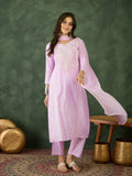 The52 Purple Women's Gorgeous Cotton Blend Fabric Thread Work Straight Kurta, Pant and Dupatta Set | Grocsy