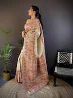 Joban Fashion White Meena Weaves Pashmina Sarees | Grocsy
