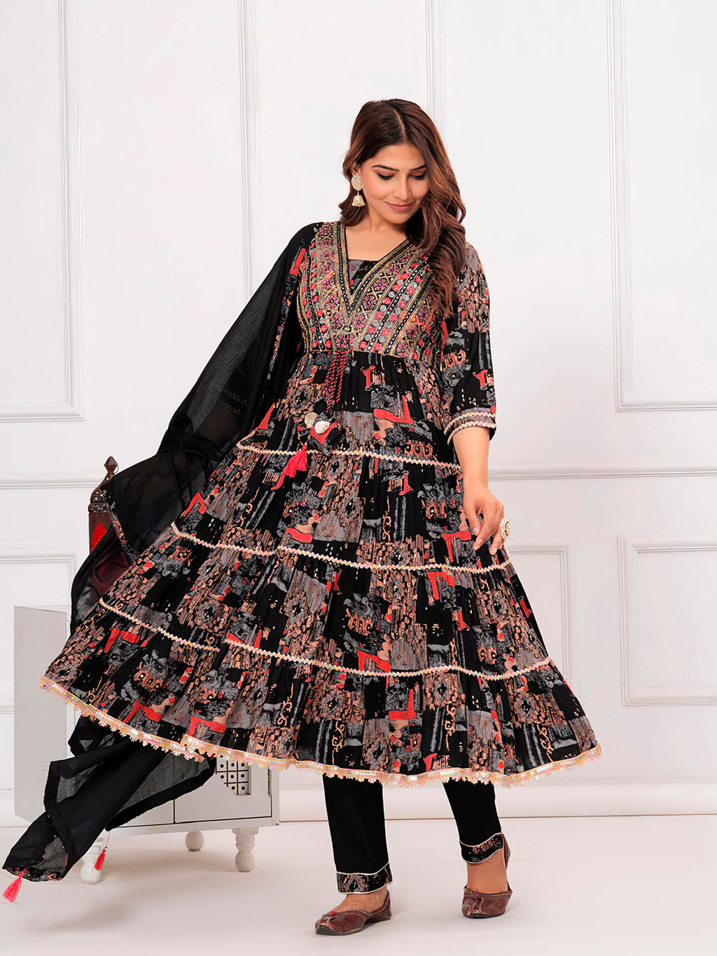 Embroidered & Printed Kurta With Pant & Dupatta Luxury Premium, Black - Hiral Fashion | Grocsy