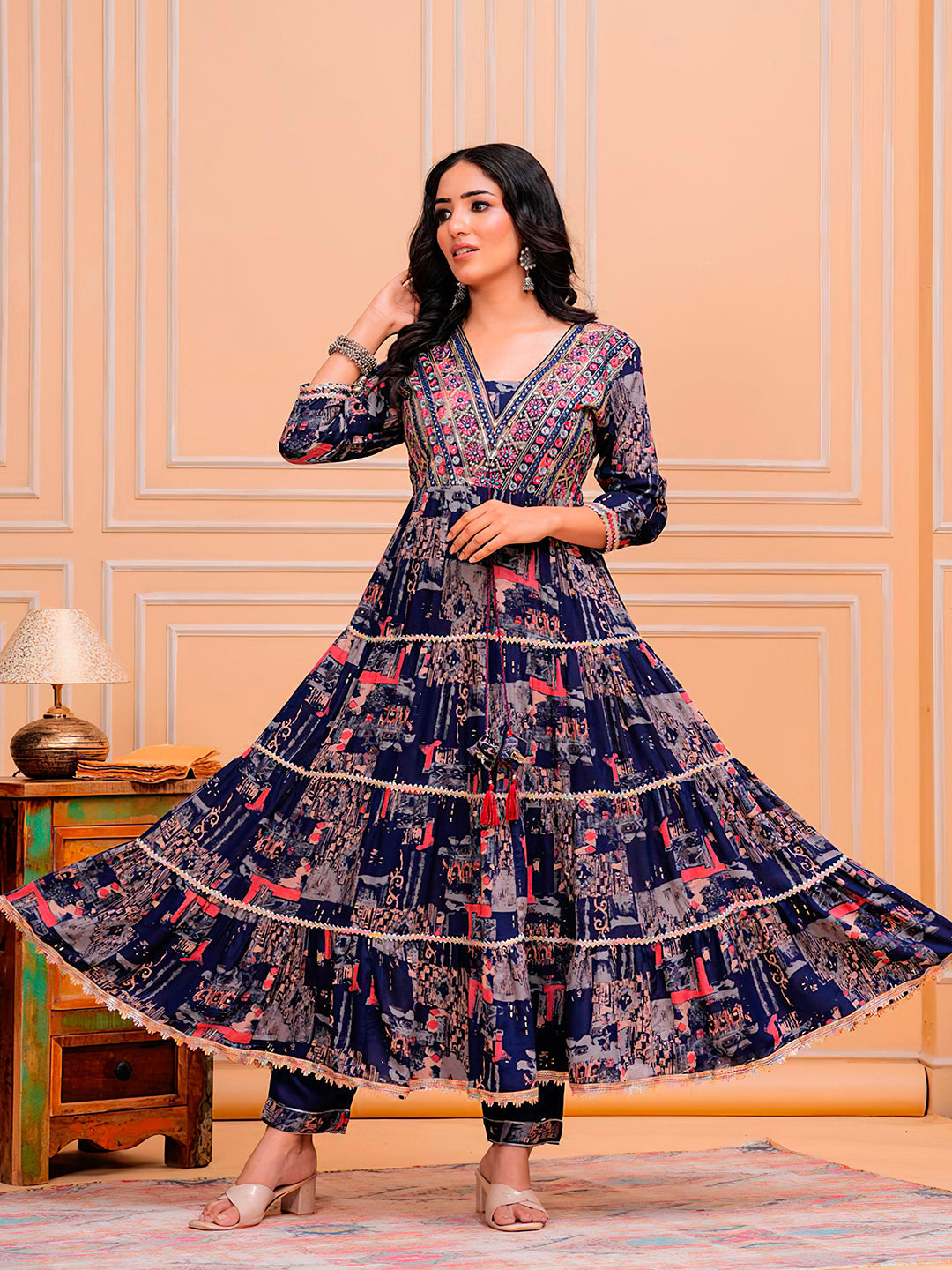 Embroidered & Printed Kurta With Pant & Dupatta Luxury Premium, Navy Blue - Hiral Fashion | Grocsy