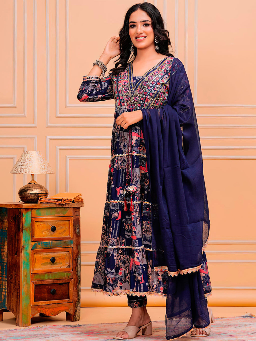 Embroidered & Printed Kurta With Pant & Dupatta Luxury Premium, Navy Blue - Hiral Fashion | Grocsy