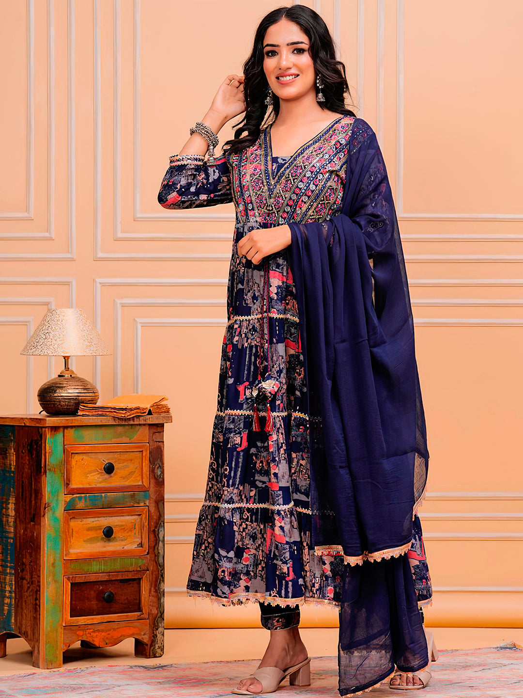 Embroidered & Printed Kurta With Pant & Dupatta Luxury Premium, Navy Blue - Hiral Fashion | Grocsy