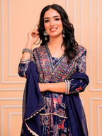 Embroidered & Printed Kurta With Pant & Dupatta Luxury Premium, Navy Blue - Hiral Fashion | Grocsy