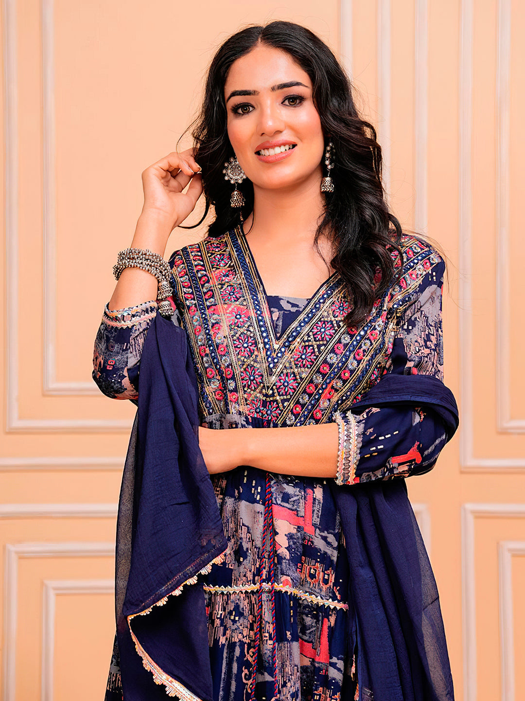 Embroidered & Printed Kurta With Pant & Dupatta Luxury Premium, Navy Blue - Hiral Fashion | Grocsy