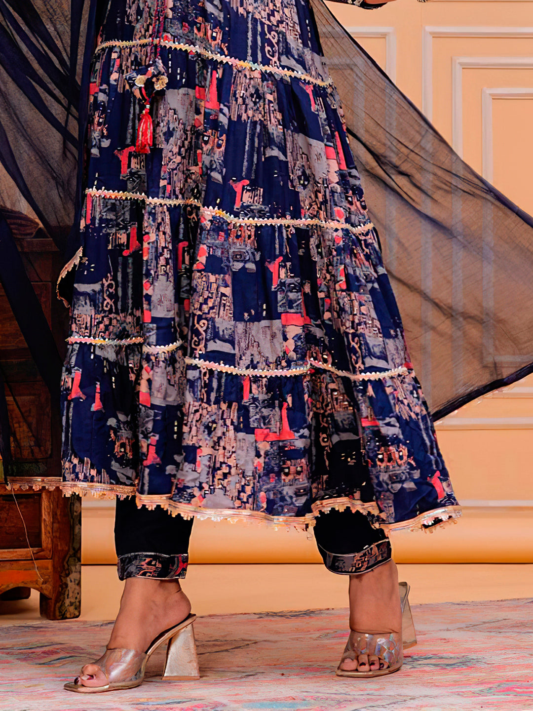 Embroidered & Printed Kurta With Pant & Dupatta Luxury Premium, Navy Blue - Hiral Fashion | Grocsy