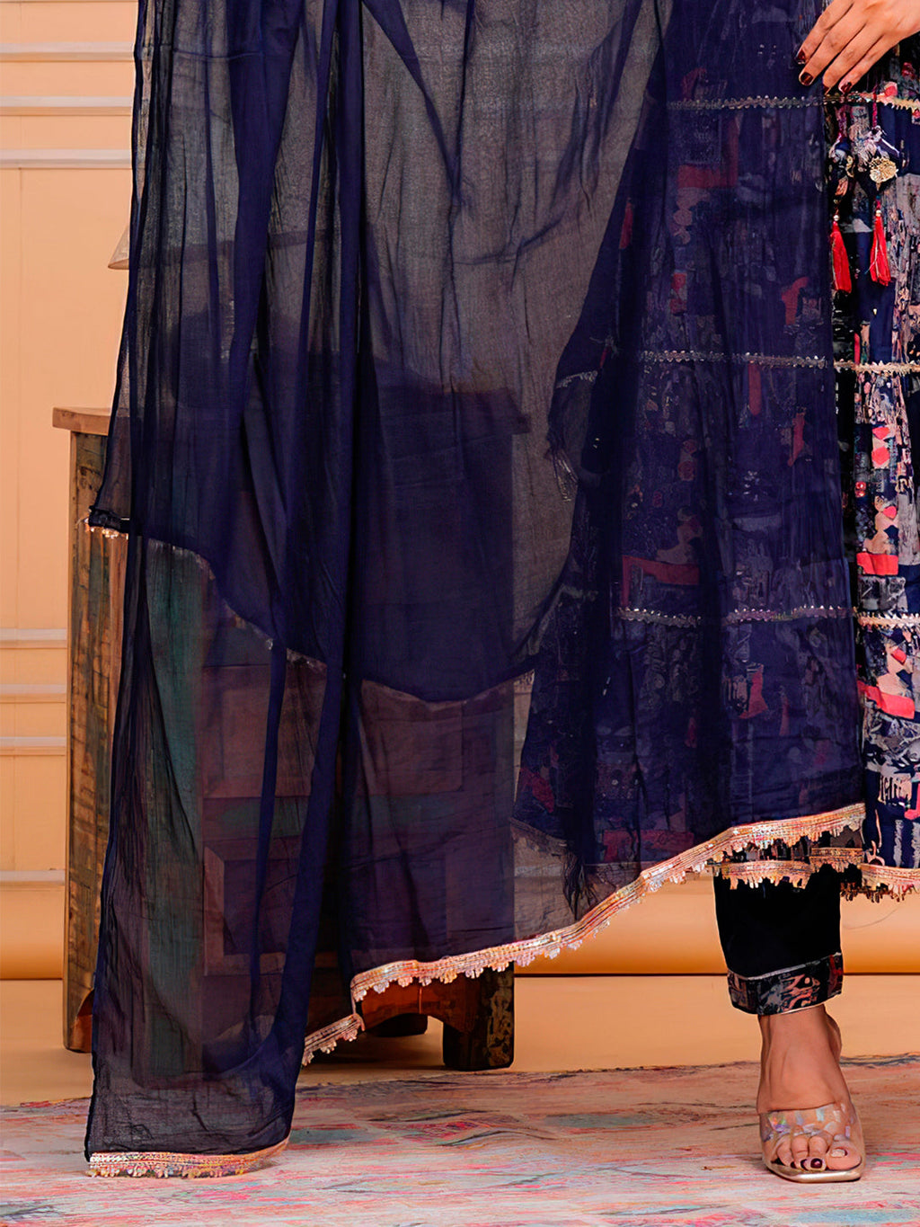 Embroidered & Printed Kurta With Pant & Dupatta Luxury Premium, Navy Blue - Hiral Fashion | Grocsy