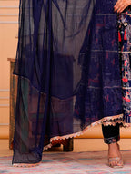 Embroidered & Printed Kurta With Pant & Dupatta Luxury Premium, Navy Blue - Hiral Fashion | Grocsy