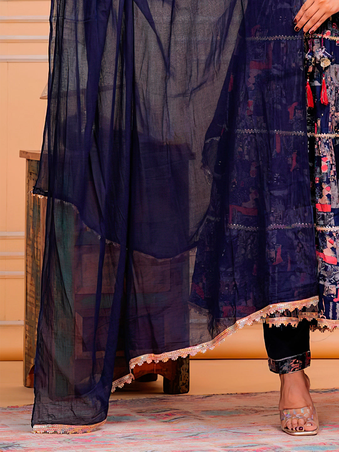 Embroidered & Printed Kurta With Pant & Dupatta Luxury Premium, Navy Blue - Hiral Fashion | Grocsy