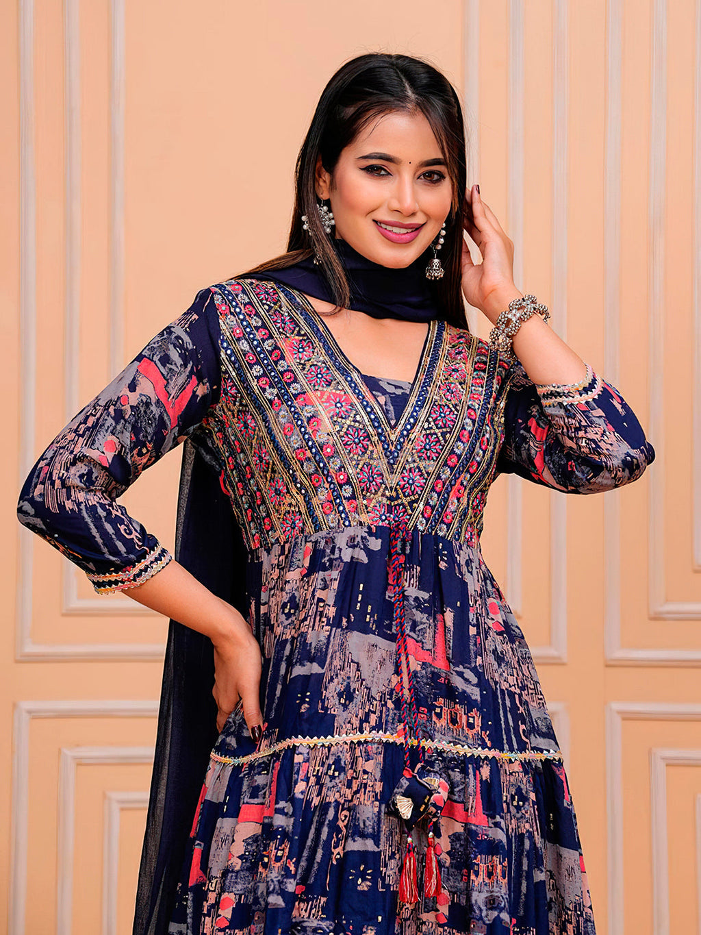 Embroidered & Printed Kurta With Pant & Dupatta Luxury Premium, Navy Blue - Hiral Fashion | Grocsy