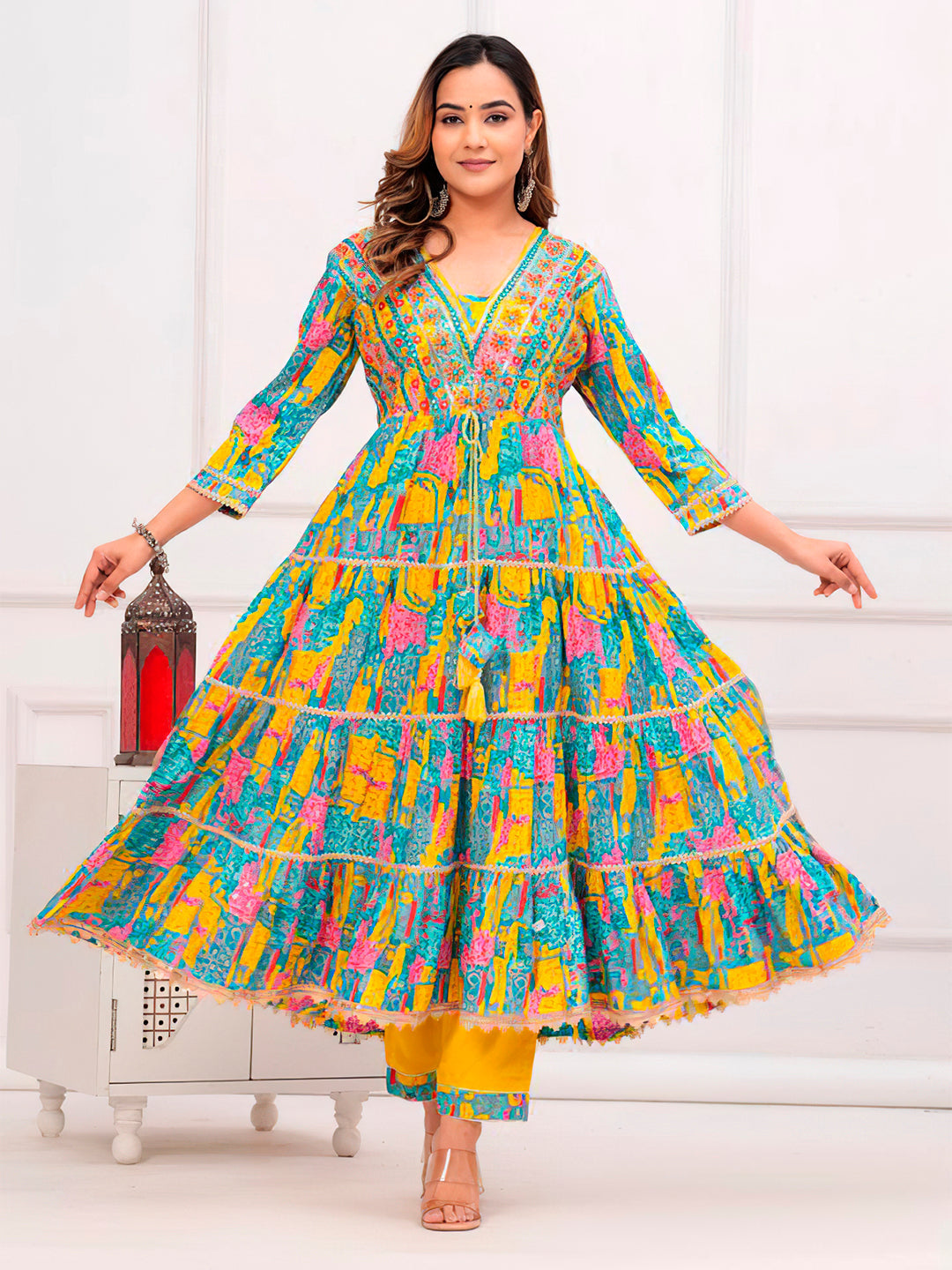 Embroidered & Printed Multicoloured Flared Kurta With Pant & Dupatta Premium Luxury, Multicolor - Hiral Fashion | Grocsy