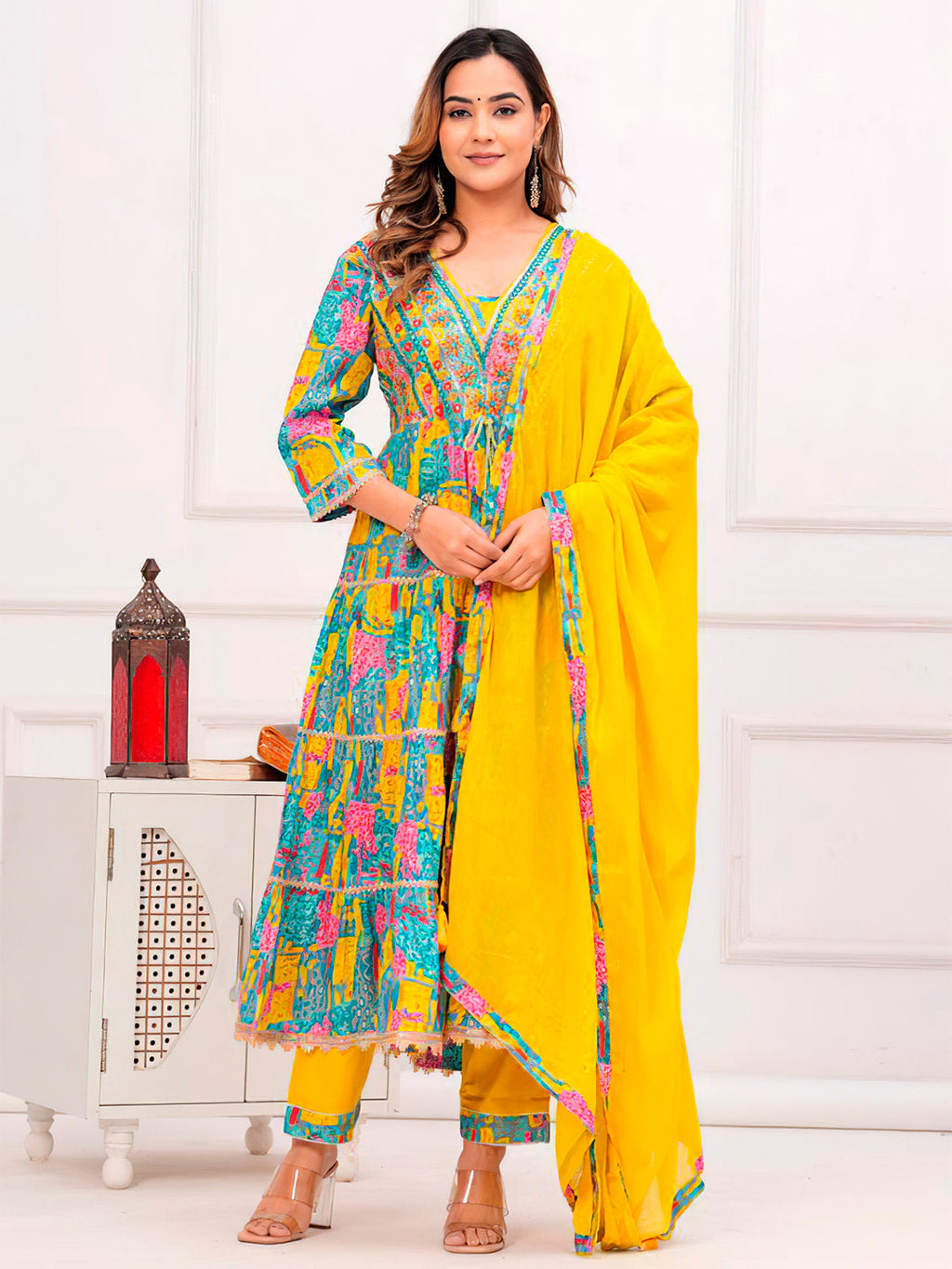 Embroidered & Printed Multicoloured Flared Kurta With Pant & Dupatta Premium Luxury, Multicolor - Hiral Fashion | Grocsy