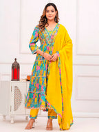 Embroidered & Printed Multicoloured Flared Kurta With Pant & Dupatta Premium Luxury, Multicolor - Hiral Fashion | Grocsy