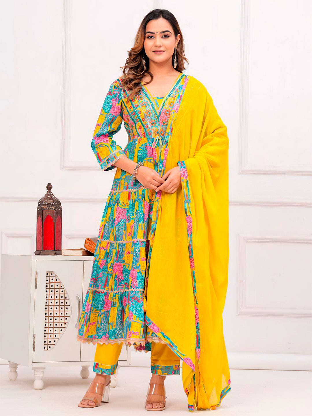 Embroidered & Printed Multicoloured Flared Kurta With Pant & Dupatta Premium Luxury, Multicolor - Hiral Fashion | Grocsy